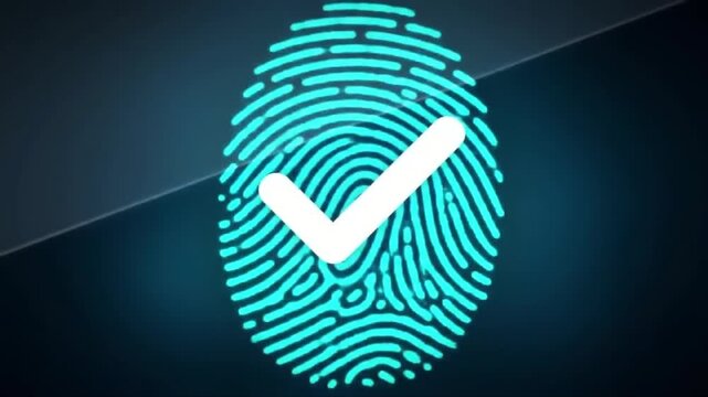 A glowing blue fingerprint with a white checkmark indicating successful authentication or verification.