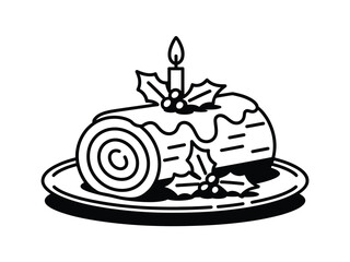 Decorative yule log cake with candle and holly on a plate in black and white outline