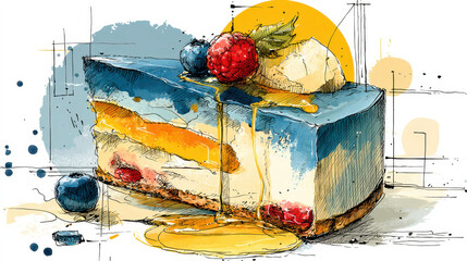 A blue and yellow cake with a drizzle of honey and raspberries on top