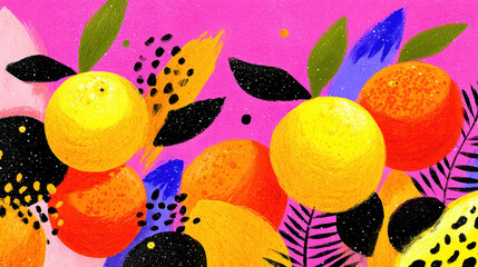 A painting of oranges and leaves with a pink background