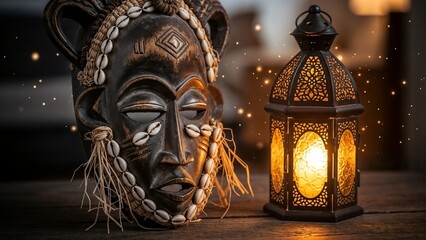 African tribal mask with glowing lantern in warm mystical light, cultural decor