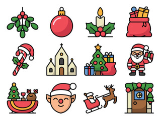 Collection of christmas themed icons including santa claus and christmas tree