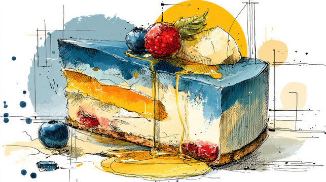 A blue and yellow cake with a drizzle of honey and raspberries on top