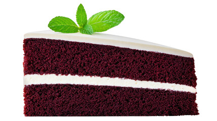 Chocolate cake slice with white cream filling, topped with white icing and fresh mint leaves, isolated on transparency background, delicious and elegant dessert for celebration or party