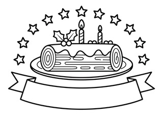 Black and white illustration of a christmas yule log cake with stars and a banner