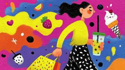 A woman is walking with a bag and a drink