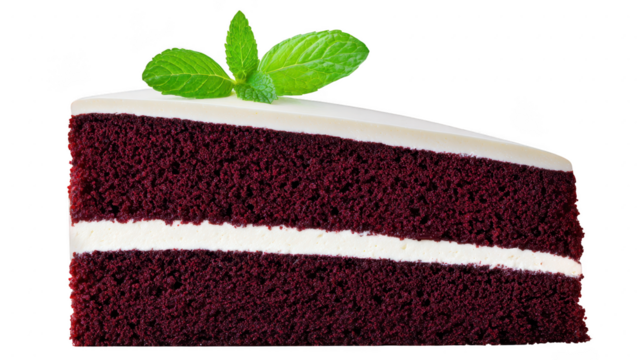 Chocolate cake slice with white cream filling, topped with white icing and fresh mint leaves, isolated on transparency background, delicious and elegant dessert for celebration or party