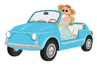 woman wearing a straw hat and sunglasses is driving a small, light blue, vintage convertible car