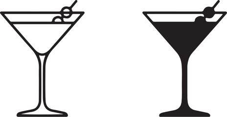 Martini Glass Outline and Silhouette with Olive and Garnish cocktail drink on transparent background