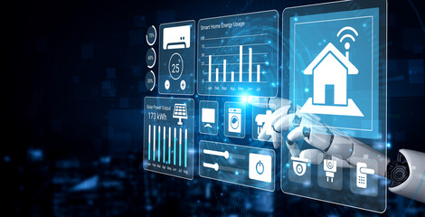 Explore the concept of smart home automation through a futuristic interface showcasing device control, energy management, and real-time data visualization in an advanced digital city. Gantry