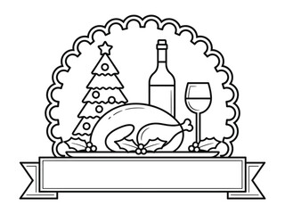 Outline drawing of christmas dinner with turkey wine tree and banner for text
