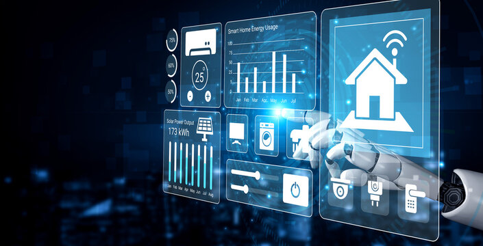 Explore the concept of smart home automation through a futuristic interface showcasing device control, energy management, and real-time data visualization in an advanced digital city. Gantry