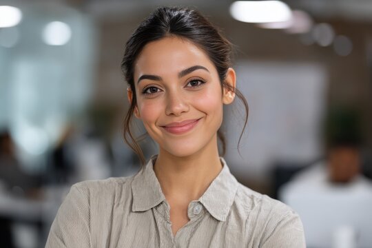 Happy young woman smiling confidently in a modern office setting during sunlight hours, showcasing a positive work environment and approachability in her expression