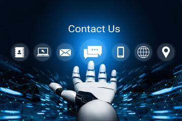 A robotic hand reaching out amid digital icons for contact, symbolizing advanced technology and modern communication methods for businesses. Gantry