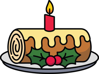 Illustration of a yule log cake with a candle and holly berries on a gray plate