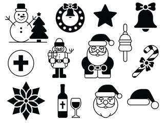 Collection of christmas themed black and white vector icons on a white background