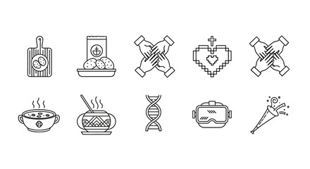 Simple line icons of cooking ingredients, dna, virtual reality, and teamwork