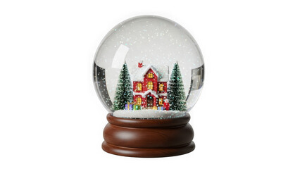 A festive snow globe featuring a charming house and evergreen trees, with a snowy scene inside, isolated on transparent background