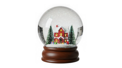 A festive snow globe featuring a charming house and evergreen trees, with a snowy scene inside, isolated on transparent background