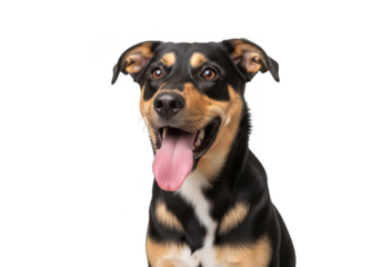 Adorable mixed breed dog with tongue out isolated on transparent background