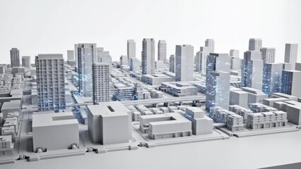 3d architectural model of a modern city with various buildings, skyscrapers, and infrastructure, rendered in grayscale, isolated on white background - Powered by Adobe