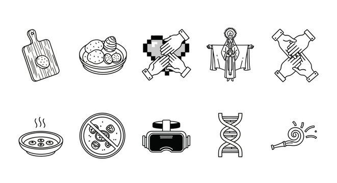 Diverse black and white line art icons for modern and vintage themes