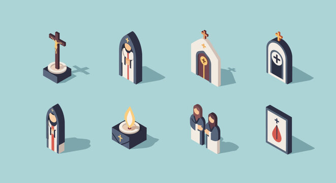 Isometric religious icons set: crosses, churches, and candles on a blue background