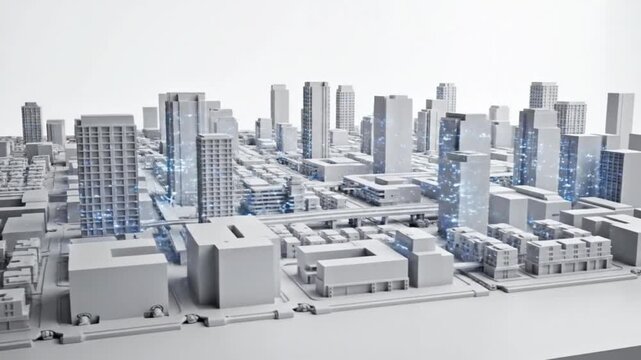 3d architectural model of a modern city with various buildings, skyscrapers, and infrastructure, rendered in grayscale, isolated on white background