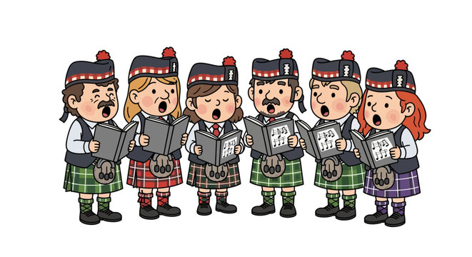 Cartoon scottish choir in traditional kilts singing together