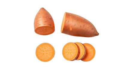 Vibrant orange raw sweet potatoes, whole and sliced, artfully arranged on a transparent background with ample negative space in an overhead flat lay composition, embodying healthy eating concept