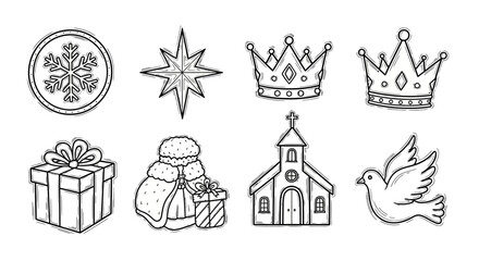 Festive holiday icons: crown, snowflake, star, and gift box outline