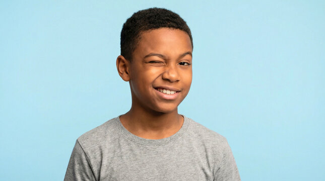 Smiling preteen boy winking at camera on blue background