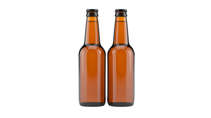 Two brown glass beer bottles with blank labels stand side by side on transparent background, reflecting light and creating clean, minimal, and modern look for beverage packaging design