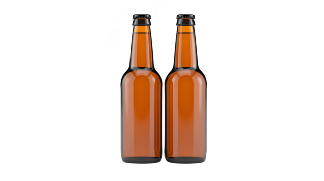 Two brown glass beer bottles with blank labels stand side by side on transparent background, reflecting light and creating clean, minimal, and modern look for beverage packaging design