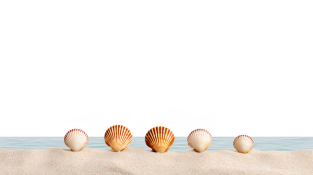 Seashell sand beach summer ocean nature relaxation vacation tropical tranquil describe five seashells arranged in row on sandy beach with calm water evoking peaceful and relaxing summer vibes