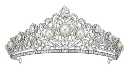 Elegant silver tiara with pearls and diamonds isolated PNG, vintage crown for wedding or royal celebration on transparent background © Hans