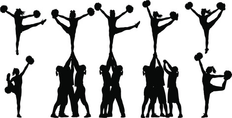 Silhouette of cheerleaders performing stunts and poses in a group