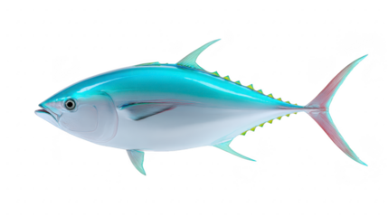 Tuna fish with metallic blue and silver scales, streamlined body, sharp fins, and realistic detail, isolated on transparency background, marine life illustration