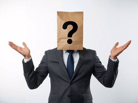 A businessman in a suit raises his hands in confusion while wearing a paper bag with a question mark over his head.