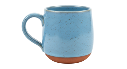 Light blue ceramic mug isolated PNG, speckled glaze and terracotta base for coffee, tea, or hot beverages on transparent background