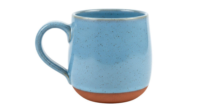 Light blue ceramic mug isolated PNG, speckled glaze and terracotta base for coffee, tea, or hot beverages on transparent background