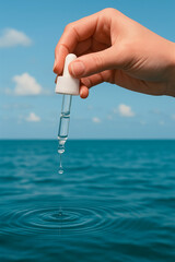 A hand with a pipette dripping a drop of water into the sea, in the center of the image there is a clear circular footprint on the surface of the water, the background is a blue sky with clouds.