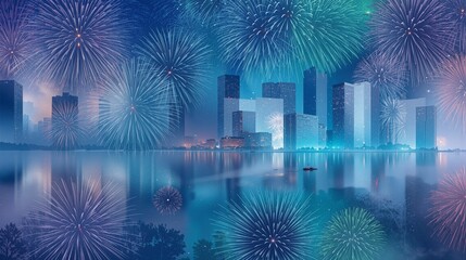 City skyline glows with fireworks reflections over water, celebrating new year with vibrant display and festive atmosphere