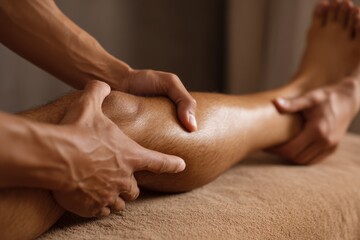 Masseur applying thumb pressure on leg acupoints to relieve tension and promote relaxation in a calming environment