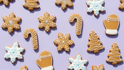 Gingerbread Christmas cookies pattern on purple background, featuring various festive shapes with white and blue icing and hard shadows.