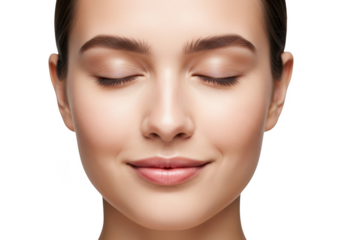 Close up of a young woman s serene face with closed eyes isolated on transparent background