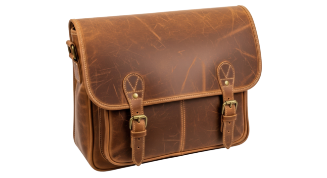 Brown leather satchel bag isolated PNG, vintage style messenger briefcase with brass buckles for business and travel on transparent