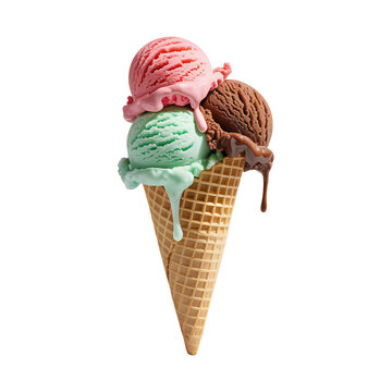 Ice cream cone with three different flavors of ice cream on transparent background