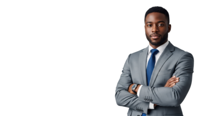 A confident young African American man in a grey business suit, crisp white shirt, and blue tie, arms crossed, direct eye contact, in a professional studio with copy space. Corporate leadership