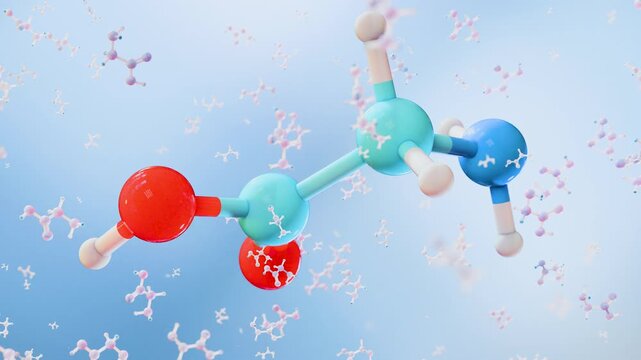 glycine molecule showing its chemical and skeletal structure, atomic bonds, and molecular formula C2H5NO2. Educational biochemistry concept representing amino acids, protein synthesis, 3d render